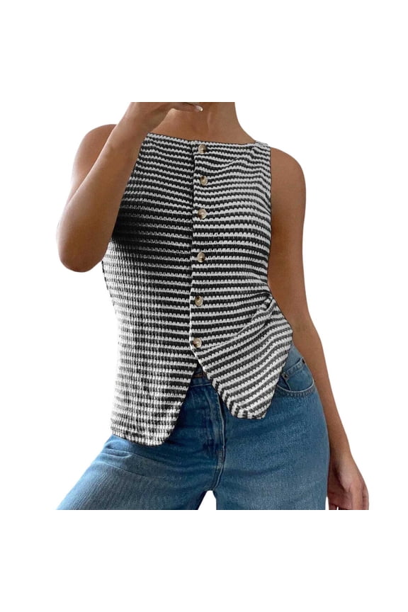 Womens Tank Tops Women Square Collar Open Placket Buttons Sleeveless Textured Horizontal Stripes Elegant Tops Casual Trendy Clothes Breathable