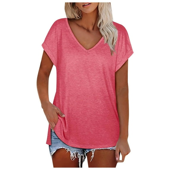 XIYON Womens Tops Ladies Solid Color V Neck Slit Tee Casual Short Sleeve Top Vacation Tee Tops
