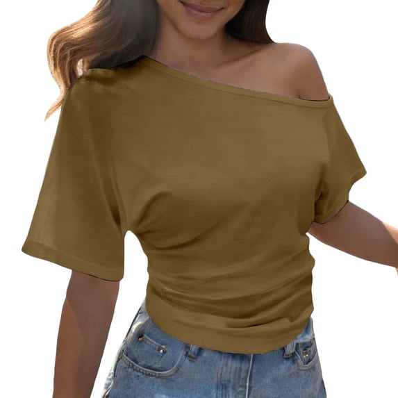 XIYON Womens Tops Summer Smocked Solid Color Asymmetrical Off The Shoulder Slim Fit Short Sleeve Tshirts Top Breathable Summer Tee
