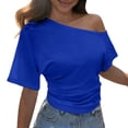 thumbnail image 1 of XIYON Womens Tops Summer Smocked Solid Color Asymmetrical Off The Shoulder Slim Fit Short Sleeve Tshirts Top Fashion Clothes 2026 Tshirts For Women, 1 of 4