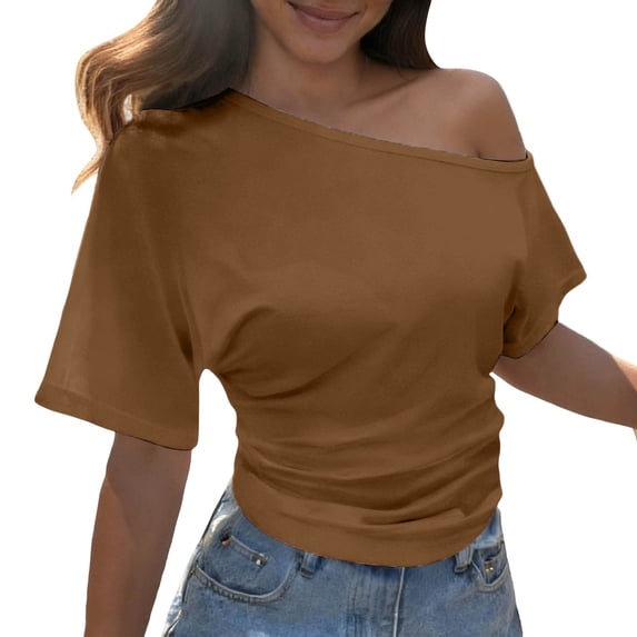 XIYON Womens Tops Summer Smocked Solid Color Asymmetrical Off The Shoulder Slim Fit Short Sleeve Tshirts Top Lightweight Going Out Tops