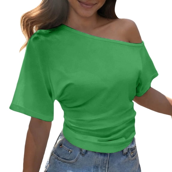 XIYON Womens Tops Summer Smocked Solid Color Asymmetrical Off The Shoulder Slim Fit Short Sleeve Tshirts Top T Shirts For Women Fashion Clothes