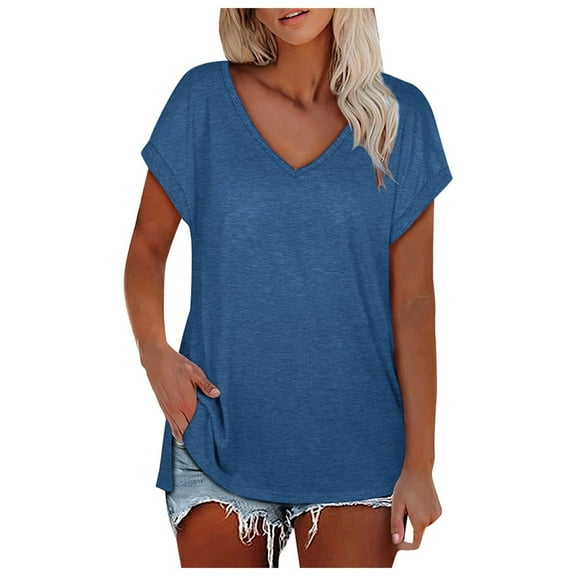 XIYON Womens Tops Trendy Ladies Solid Color V Neck Slit Tee Casual Short Sleeve Top 2025 Trendy Fashion Clothes