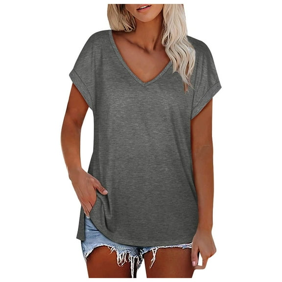 XIYON Womens Tops Trendy Ladies Solid Color V Neck Slit Tee Casual Short Sleeve Top Loose Fit Tee