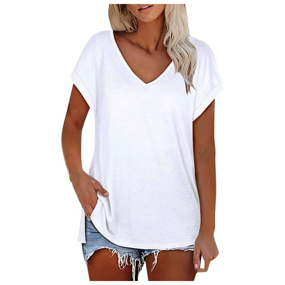 XIYON Womens Tops Trendy Ladies Solid Color V Neck Slit Tee Casual Short Sleeve Top Vacation Tee Tops