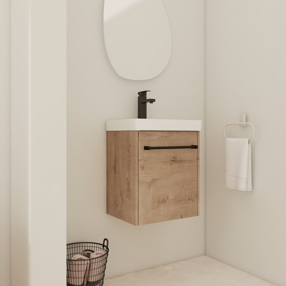 XIZE 18 inch Wall-Mounted Vanity with Ceramic Sink, Soft-Close Door, Small Bathroom