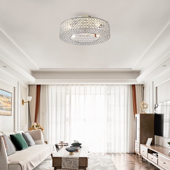XIZE 19.6" Crystal Chandelier Flush Mount Ceiling Fan with Light, Remote, 6-Speed Reversible DC Motor for Living Room and Bedroom (Bulb Not Included)