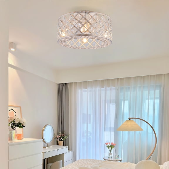 XIZE 19.6" Flush Mount Crystal Chandelier Ceiling Fan with Light Kit, Remote Control, 6-Speed Reversible DC Motor for Living Room and Bedroom (Bulb Not Included)
