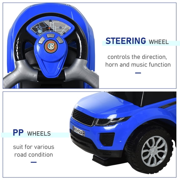 XIZE 2-in-1 Push Car Stroller with Horn, Music, Lights, and Safety Bar, Sliding Toy for family Ages 1-3, Blue