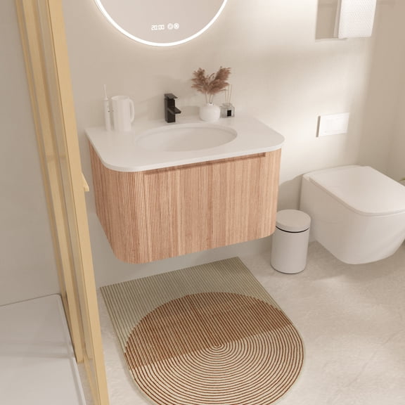 XIZE 30" Wall-Mounted Vanity with Sink, Curved Wave Texture Wood Finish, Integrated Cultured Marble, Soft-Close Drawer, Pre-Assembled