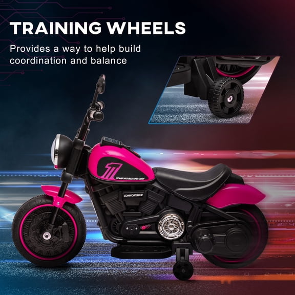 XIZE 6V Battery-Operated Motorcycle with Training Wheels, Single-Button Start, and Headlight, Motorbike Toy for family Ages 18-48 Months, Pink