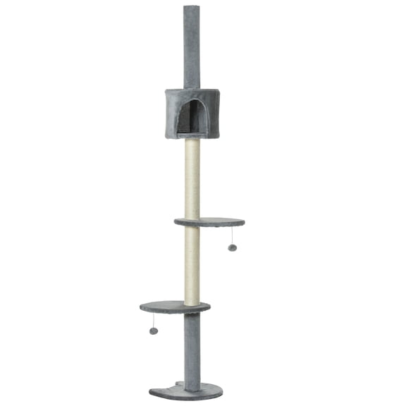 XIZE 85.5" Cat Tree Height Adjustable Floor-to-Ceiling 4-Tier Kitty Climbing Activity Center Condo Cat Toy with Scratching Post Hanging Balls Play Rest Post Pet Furniture Grey