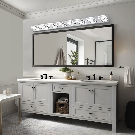 XIZE Bathroom Vanity Light with 8 Lights, 52" L, Chrome, Square Acrylic Shades, for Mirror Lighting