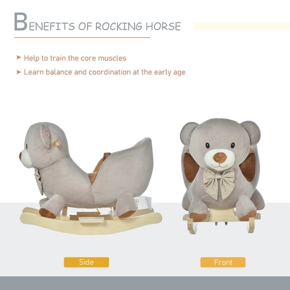 XIZE Bear-Shaped Plush Rocker with Sound, Wooden Base, and Safety Belt, Animal Rocking Toy for Ages 18-36 Months, Gray