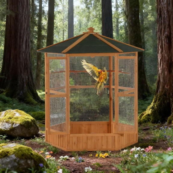 XIZE Bird Cage 69" Wooden Hexagonal Outdoor Aviary Flight Bird Cage