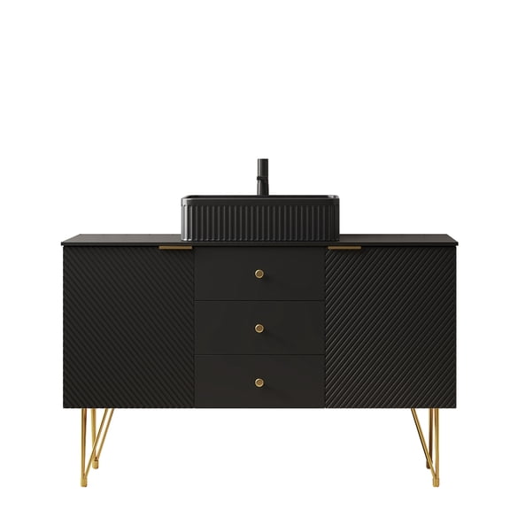 XIZE Black Freestanding Vanity with Gold Legs, 3 Drawers and 2 Doors, Black Rectangular Basin, 48 Inch
