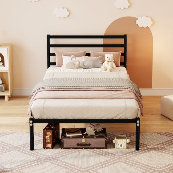 XIZE Classic Twin Size Metal Platform Bed Frame with Large Under-Bed Storage, Easy Assembly, No Box Spring Needed, Black