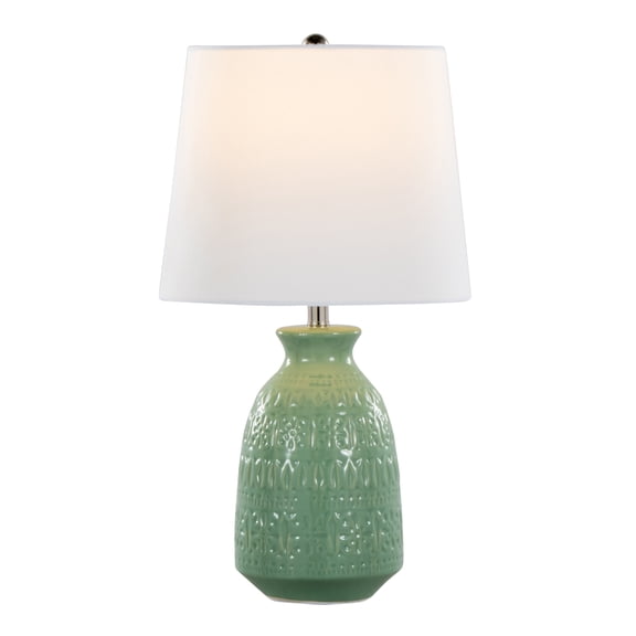 XIZE Contemporary Ceramic Accent Lamp with White Linen Shade, 20" H, Sage Green Ceramic and Polished Nickel, Set of 2