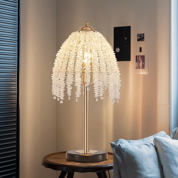 XIZE Crystal Table Lamp with Waterfall Design, 19" H, Marble Textured Base, for Living Room Bedroom Office