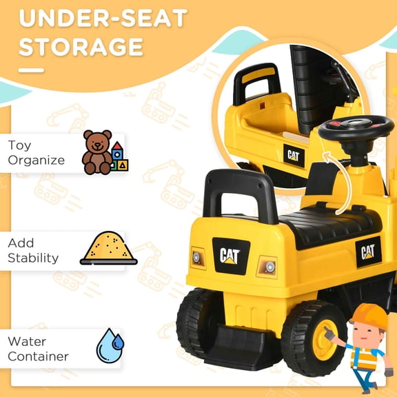 XIZE CAT Licensed Manual Pedal Excavator with Shovel, Horn, and Hidden Storage, Construction Toy for family Ages 18-36 Months, Yellow