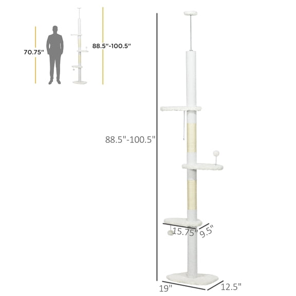 XIZE Floor to Ceiling Cat Tree with Scratching Posts,88.5"-100.5" Adjustable Height,Cat Climbing Tower with Cloud Shape Platforms,Toy Balls,Anti-toppling Device,White