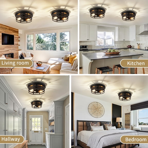 XIZE Flush Mount Ceiling Light with 2 Lights, 11" L, Black, Farmhouse Style, 2-Pack, for Hallway Kitchen