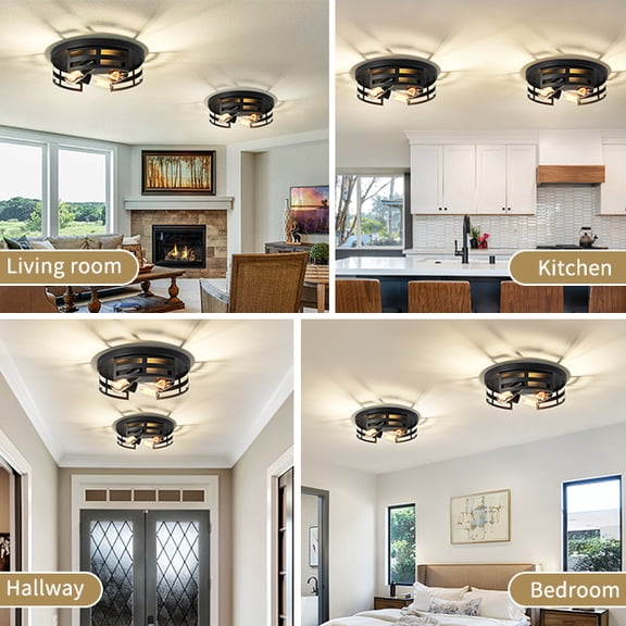 XIZE Flush Mount Ceiling Light with 2 Lights, 13" L, Black, Farmhouse Style, 2-Pack, for Hallway Kitchen