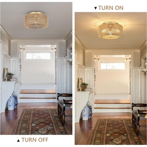 XIZE Flush Mount Ceiling Light with 3 Lights, Rattan Woven Shade, Farmhouse Style, for Living Bedroom Entryway Kitchen