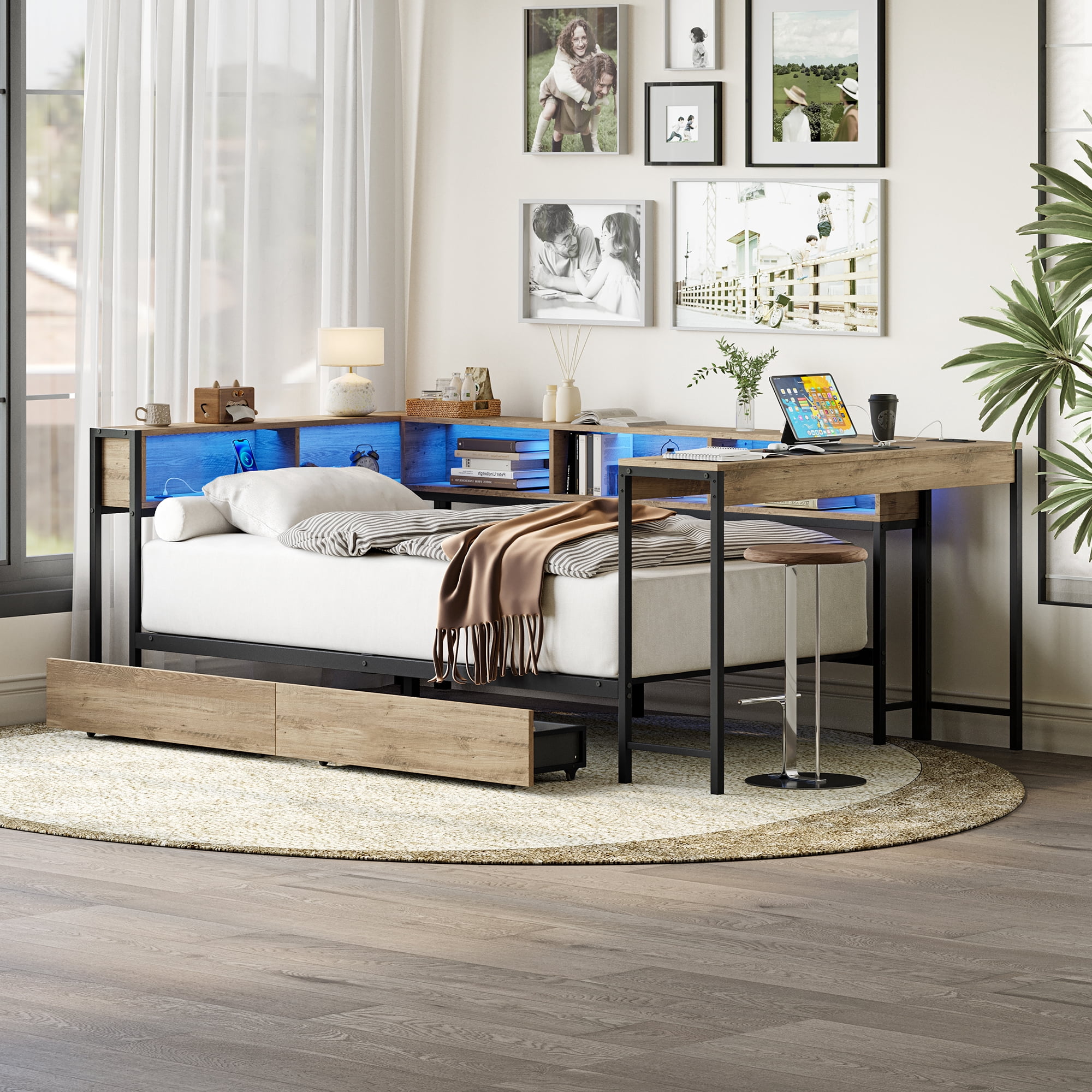 XIZE Full Corner Daybed Frame with Bookcase, 2 Drawers, LED Light, and