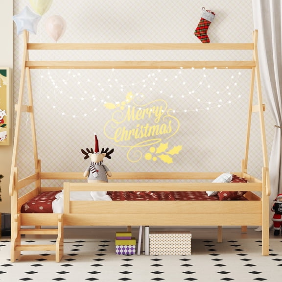 XIZE Full House Platform Bed with Stairs, Solid Wood Frame, Low Profile Design, Natural