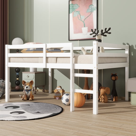 XIZE Full Size Rubber Wood Loft Bed with Ladder, White