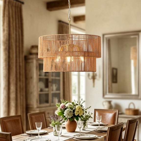 XIZE Handwoven Wicker Chandelier with 2-Tier Design, 23.62" L, Gold, for Dining Room Kitchen
