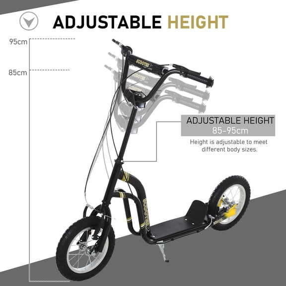 XIZE Kick Scooter with Front and Rear Dual Caliper Brakes, 12-Inch Inflatable Front Wheel, Toy for family Ages 5+, Black