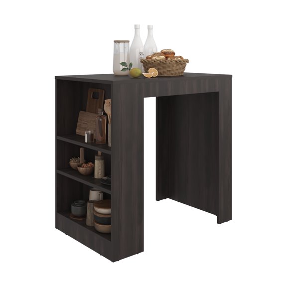 XIZE Lacour Kitchen Bar Table with 3 Side Shelves, Dark Walnut
