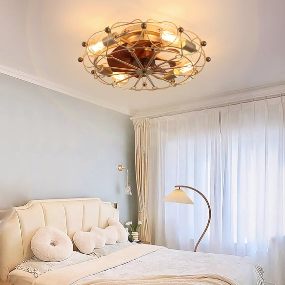XIZE Low Profile Caged Ceiling Fan with Light and Remote, Modern Industrial Style, Flush Mount