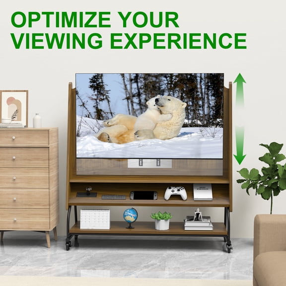 XIZE Mobile TV Stand with Mount for 32-50" TVs, Projector Screen, Power Outlets and Adjustable Rolling Cart, MDF Wood