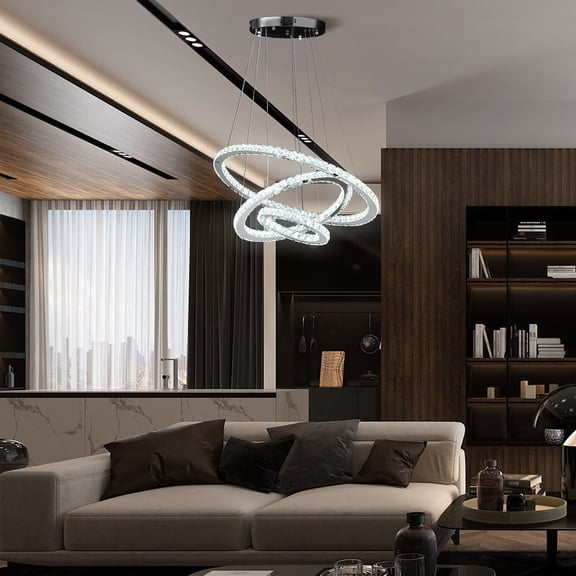 XIZE Modern Crystal Chandelier with Remote Control, 11.8" to 47.2" Adjustable Height, White, 3 Hoops