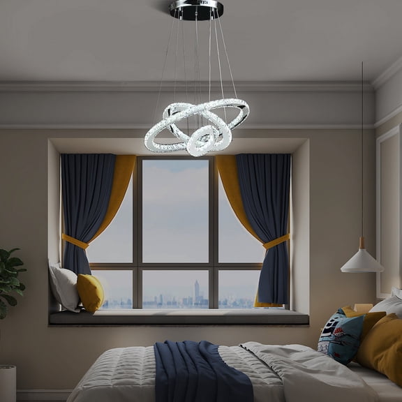 XIZE Modern Crystal Chandelier with Remote Control, 11.8" to 47.2" Adjustable Height, White, 3 Hoops