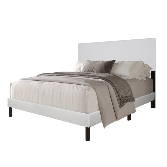XIZE Modern PU Platform Bed with Headboard, Natural Wood Slats, and Quiet Frame
