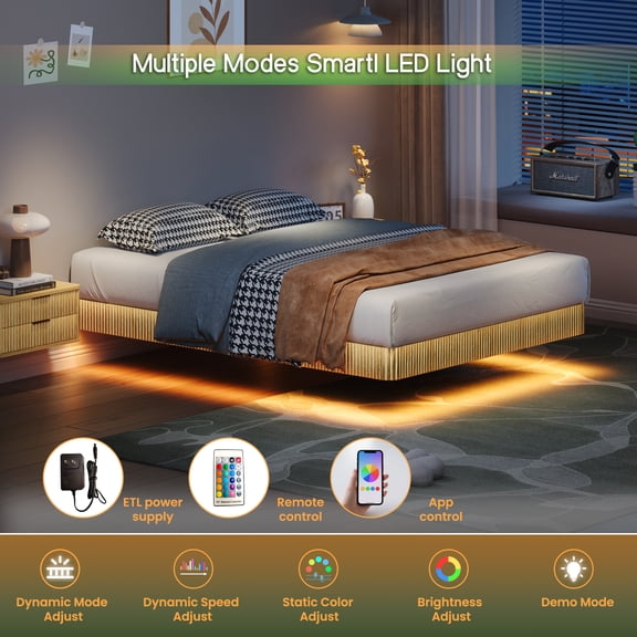 XIZE Oak Queen Floating Bed Frame with LED Lights, Wave Curve Wood Texture and Heavy Duty Metal Slats, No Box Spring Needed, Oak