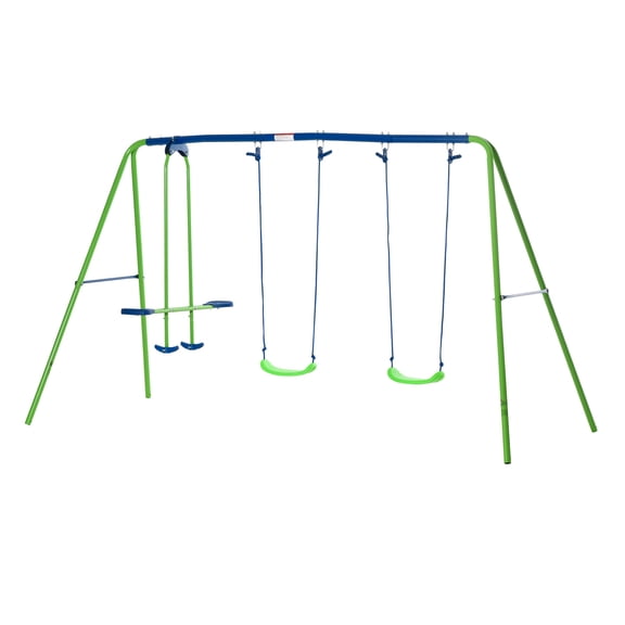XIZE Outsunny Heavy-Duty A-Frame Metal Swing Set with Glider, Two Swing Seats, and Adjustable Height, Outdoor Playset for Playground and Backyard, Green