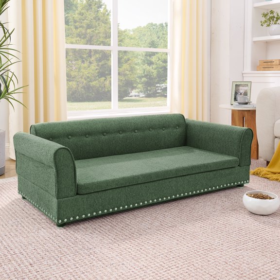 XIZE Oversized Pet Sofa,Elegant Modern Linen Fabric Elevated Dog Sofa Bed,Comfortable Oversized Rectangular Pet Bed with Backrest Armrest for Large Oversized Dogs-Olive Green