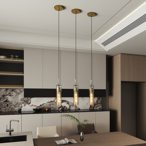 XIZE Pendant Light with Striped Glass Shade, Gold, 3-Pack, for Kitchen Island Dining Room Bedroom