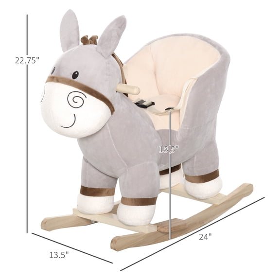 XIZE Plush Rocking Horse and Donkey Rocker with Sound, Wood Base, Seat, and Safety Belt, Baby Rocking Toy for Ages 18-36 Months, Gray
