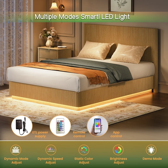XIZE Queen Bed Frame with LED Lights, Corrugated Curved Design, and Convex Groove Detail, Oak Finish