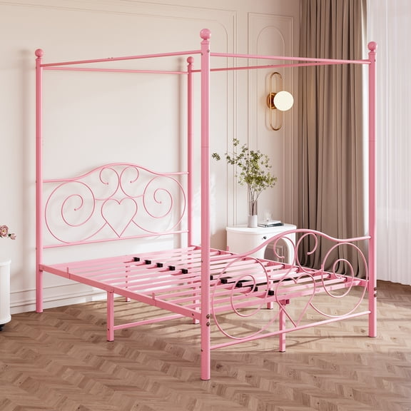 XIZE Queen Metal Canopy Bed with Vintage Headboard and Footboard, Pink