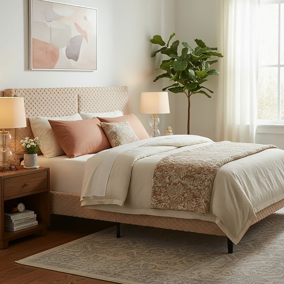 XIZE Queen Size Plush Soft Bed with Comfortable Backrest, Modern Simple Style, Camel