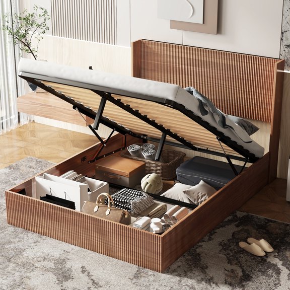XIZE Queen Size Wooden Lift Storage Platform Bed Frame with Grooved Design, No Box Spring Needed, Noise-Free, Natural