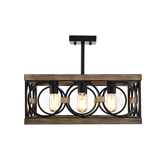 XIZE Rectangle Ceiling Light with 4 Lights, Wood and Black Metal, Farmhouse Style, for Kitchen Dining Room