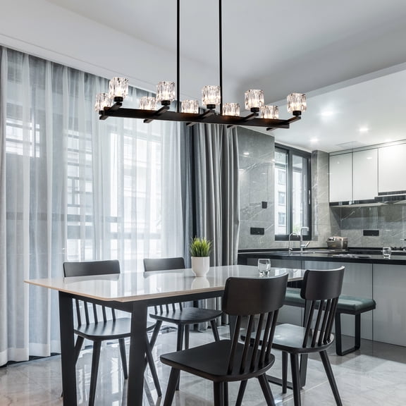 XIZE Rectangle Chandelier with 10 Lights, Black, Modern Farmhouse Style, Crystal Design, G9 Bulbs, for Kitchen Island Bar Long Table
